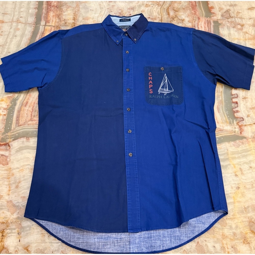 Vintage Chaps Ralph‎ Lauren Mens Button Down Shirt Blue Cotton Short Sleeve L
